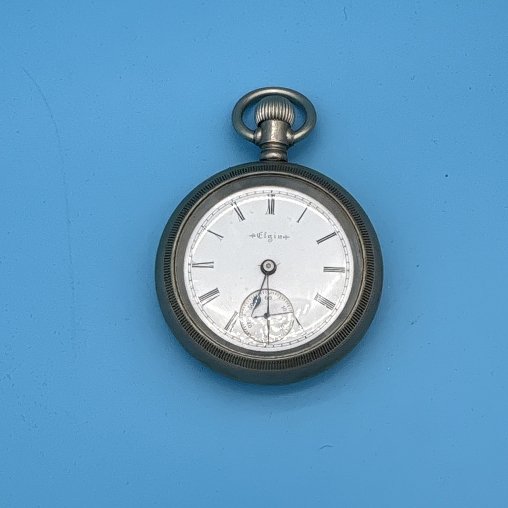 Antique Elgin Pocket Watch Flawless Roman Porcelain Dial Coin Edge Case